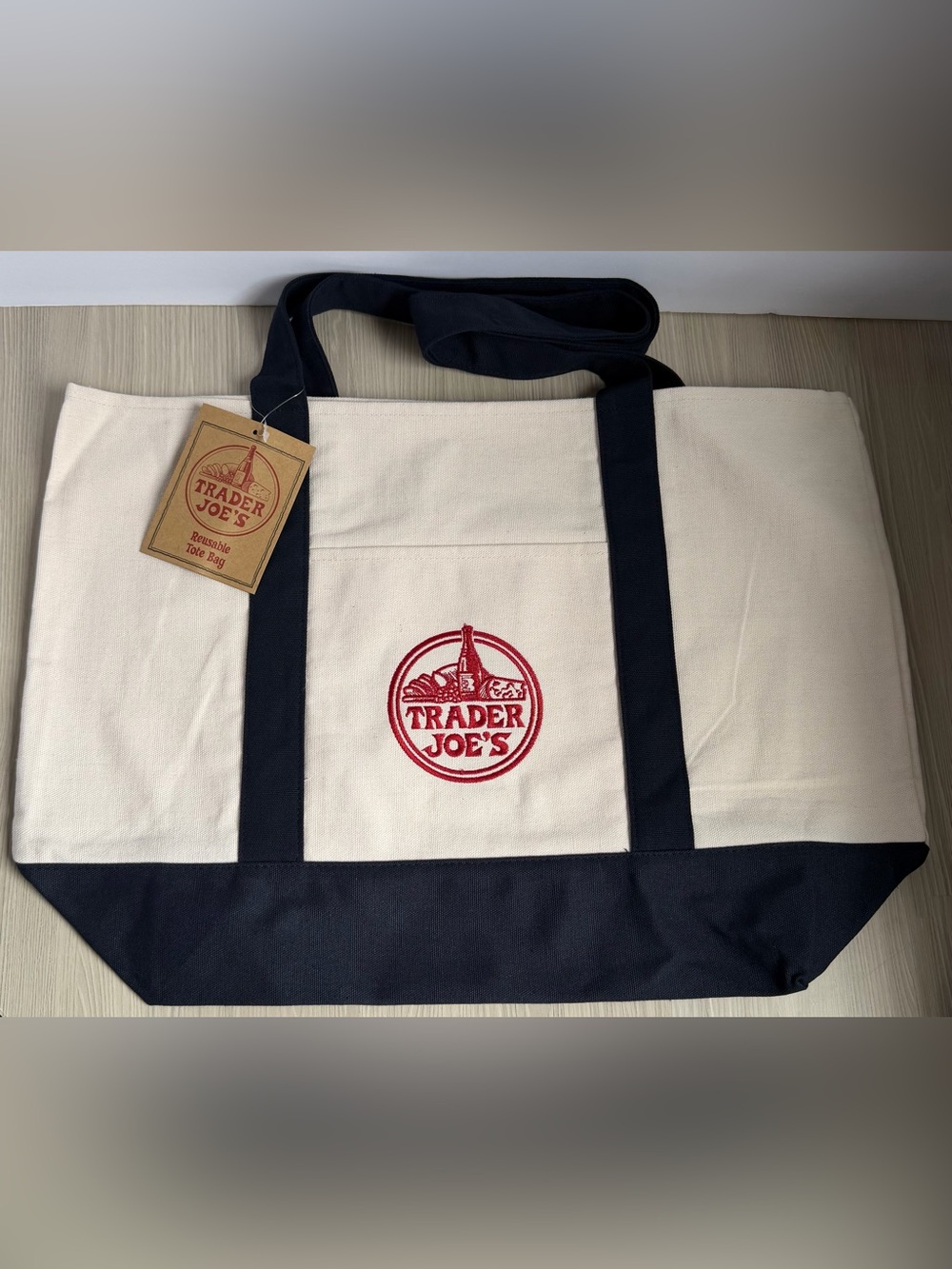 Trader Joe's Canvas Tote in Cream and Navy with Red Logo
